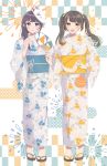  2girls :d absurdres blue_eyes blush braid brown_eyes brown_hair fan floral_print highres japanese_clothes kimono looking_at_viewer mask mask_on_head momonokan09 multiple_girls open_mouth original paper_fan sandals simple_background smile twintails uchiwa water_yoyo yukata 