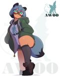  4:5 absurd_res anthro bottomwear brand_new_animal butt canid canine captainpudgemuffin clothing female footwear hi_res looking_at_viewer mammal michiru_kagemori raccoon_dog shoes shorts simple_background socks solo studio_trigger text white_background 