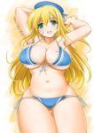  1girl akimoto_dai arm_behind_head ass_visible_through_thighs atago_(kantai_collection) beret bikini blonde_hair blue_bikini blue_headwear breasts cleavage collarbone commentary_request cowboy_shot dated green_eyes hat highres kantai_collection large_breasts long_hair looking_at_viewer side-tie_bikini solo striped striped_bikini swimsuit twitter_username 