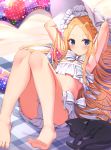  1girl abigail_williams_(fate/grand_order) abigail_williams_(swimsuit_foreigner)_(fate) absurdres animal animal_ear_fluff armpits arms_up bangs bare_arms bare_legs bare_shoulders barefoot beach bikini black_cat blonde_hair blue_eyes blush bonnet bow braid cat closed_mouth commentary_request eyebrows_visible_through_hair fate/grand_order fate_(series) feet forehead hair_bow heart highres innertube knees_together_feet_apart knees_up long_hair lying on_back parted_bangs plaid polka_dot sand solo strapless strapless_bikini striped striped_bow swimsuit very_long_hair white_bikini white_bow white_headwear xue_lu 