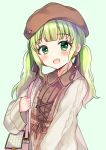  1girl :d bag bangs beret blush brown_headwear brown_shirt brown_skirt collared_shirt dress_shirt eyebrows_visible_through_hair green_background green_eyes green_hair grey_jacket hand_up hat highres holding_strap jacket long_hair long_sleeves looking_at_viewer minami_saki morinaka_kazaki nijisanji open_clothes open_jacket open_mouth plaid plaid_skirt shirt shoulder_bag simple_background skirt sleeves_past_wrists smile solo suspender_skirt suspenders twintails virtual_youtuber wide_sleeves 