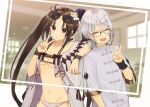  1boy 1girl :&lt; :d aisawa_natsu arm_on_shoulder bikini blush breasts brown_eyes brown_hair cape chinese_clothes closed_eyes commentary_request consort_yu_(fate) earrings eyebrows eyewear_on_head fate/grand_order fate_(series) gao_changgong_(fate) glasses jewelry long_hair multiple_earrings open_mouth photo_(object) shirt small_breasts smile sunglasses swimsuit underboob v very_long_hair white_bikini white_cape white_shirt wrist_straps wristband yu_miaoyi_(swimsuit_lancer) 
