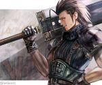  1boy armor black_gloves black_hair blue_eyes buster_sword earrings facial_scar final_fantasy final_fantasy_vii gloves greatsword hair_slicked_back hand_on_hip highres holding holding_sword holding_weapon jewelry male_focus over_shoulder pauldrons profile scar shoulder_armor single_earring smile solo stud_earrings sushi_(sashimise) sword sword_over_shoulder teeth turtleneck twitter_username weapon weapon_over_shoulder zack_fair 