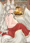  absurd_res animal_humanoid beauty_mark bedroom_eyes big_breasts big_tail blue_eyes blush breasts canid canid_humanoid canine canine_humanoid clothed clothing detailed_background ear_piercing eyelashes female fire fireplace fluffy fluffy_tail fox_humanoid fur hair hair_over_eye hhhori hi_res humanoid inner_ear_fluff inside inviting light_skin long_hair looking_at_viewer looking_back mammal mammal_humanoid monotone_body monotone_fur monotone_hair multi_tail narrowed_eyes one_eye_obstructed piercing ponytail rear_view red_clothing robe seductive sitting smile solo topless tuft white_body white_fur white_hair 