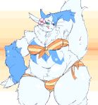  2020 anthro belly big_tail blue_body blue_fur blush bulge claws clothed clothing crossdressing curvy_figure digital_media_(artwork) fur girly looking_at_viewer male multicolored_body multicolored_fur nintendo pok&eacute;mon pok&eacute;mon_(species) simple_background slightly_chubby smile solo thick_thighs tiredanon video_games white_body white_fur wide_hips zangoose 