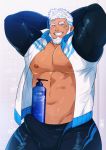  1boy abs absurdres aegir_(tokyo_houkago_summoners) alternate_costume arms_behind_head bara beard blue_eyes blush bulge chest daisukebear erection erection_under_clothes facial_hair highres male_focus manly muscle nipples object_on_bulge pectorals shampoo shampoo_bottle shampoo_challenge short_hair solo thick_eyebrows thick_thighs thighs tokyo_houkago_summoners toned toned_male underwear upper_body 