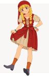  1girl blonde_hair blue_eyes blush bracelet braid closed_mouth dragon_quest dragon_quest_xi dress earrings hair_over_shoulder hat jewelry long_hair looking_at_viewer miyama_(kannsannn) red_headwear simple_background smile solo twin_braids veronica_(dq11) 