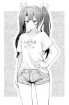  1girl casual clothes_writing commentary_request cowboy_shot denim denim_shorts greyscale hair_ribbon hand_on_hip kantai_collection long_hair looking_at_viewer monochrome ribbon shirt short_shorts shorts solo standing t-shirt translation_request twintails watanore zuikaku_(kantai_collection) 