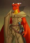  anthro armor blue_eyes clothed clothing dragon hi_res horn male melee_weapon muscular muscular_anthro muscular_male orange_body saruuk shield simple_background solo sword tattoo weapon wings yellow_body 
