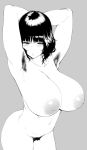  1girl absurdres areolae armpits arms_behind_head arms_up bangs belly blush breasts hakai_shin highres inverted_nipples large_areolae large_breasts looking_at_viewer medium_hair monochrome navel nipples open_mouth original plump pubic_hair simple_background sketch solo stomach sweat thighs 