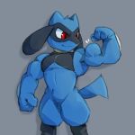  1:1 2020 abs absurd_res anthro baby_pok&eacute;mon biceps blue_body blue_fur canid canine flexing fur grey_background hi_res male mammal muscular muscular_male nintendo pecs pok&eacute;mon pok&eacute;mon_(species) red_eyes riolu simple_background video_games waddledox 
