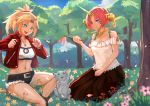  2girls :d absurdres bare_shoulders belt black_belt black_skirt blonde_hair blue_eyes breasts casual cat cleavage collarbone cropped_jacket cutoff_jeans cutoffs emaxart english_commentary fate/apocrypha fate/grand_order fate_(series) flower frankenstein&#039;s_monster_(fate) green_eyes hair_ornament hair_scrunchie headgear heterochromia highres horns jacket jewelry long_skirt mechanical_horn messy_hair midriff mordred_(fate) mordred_(fate)_(all) multiple_girls navel necklace open_clothes open_jacket open_mouth pink_hair red_jacket red_scrunchie scrunchie shirt short_hair short_ponytail short_shorts shorts single_horn skirt small_breasts smile tree white_shirt yellow_eyes 