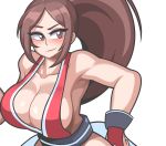  1girl blush breasts brown_eyes brown_hair cleavage eyebrows gloves highres japanese_clothes long_hair looking_to_the_side red_gloves revealing_clothes sagas293 shiranui_mai sideboob smile solo the_king_of_fighters tied_hair white_background work_in_progress 