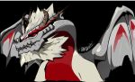  absurdres artist_name beard black_background dragon dragon_horns facial_hair fatalis highres horns looking_away looking_to_the_side monster_hunter no_humans portrait red_eyes self_upload sharp_teeth simple_background teeth western_dragon wings 