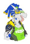  anthro blizzard_entertainment blue_body blue_hair clothed clothing dragon eyewear fangs glasses hair hi_res lucio_(overwatch) male multicolored_body open_mouth overwatch saruuk simple_background solo tattoo tongue tongue_out two_tone_body video_games white_background white_body 