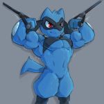  1:1 2020 abs absurd_res anthro baby_pok&eacute;mon biceps blue_body blue_fur canid canine exercise front_view fur grey_background hi_res male mammal muscular muscular_male nintendo pecs pok&eacute;mon pok&eacute;mon_(species) red_eyes riolu simple_background smile standing teeth video_games waddledox 