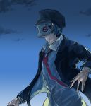  1boy black_headwear blue_hair blue_sky clenched_teeth cloud cloudy_sky dark_clouds fingernails formal goblina hat highres holding male_focus mask metal necktie original red_neckwear sky solo suit teeth 