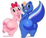  2018 anthro big_butt black_eyes blue_body blue_fur bow butt chipmunk digital_media_(artwork) duo eyelashes female flower fur giggles_(htf) ground_squirrel happy_tree_friends looking_back mammal mephitid open_mouth petunia_(htf) plant rear_view rodent sciurid simple_background skunk smile superspoe surprise teeth thick_thighs white_background wide_hips 