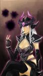  1girl armor black_gloves black_legwear breasts cleavage cleavage_cutout crossed_legs elbow_gloves fingernails food food_in_mouth gem gloves glowing glowing_eyes goblina helmet highres league_of_legends long_hair no_pupils orb outline pauldrons pocky purple_eyes purple_nails purple_outline shoulder_armor sitting solo syndra v vambraces white_hair 