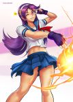  1girl asamiya_athena breasts earrings english_commentary fingerless_gloves gloves hair_ornament hairband hybridmink jewelry long_hair looking_at_viewer purple_eyes purple_hair school_uniform skirt smile solo star_(symbol) star_hair_ornament the_king_of_fighters 