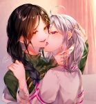  2girls absurdres ahoge bangs blush braid brown_hair eyebrows_visible_through_hair grey_hair hair_ornament hand_on_another&#039;s_head hand_on_another&#039;s_neck highres huge_filesize licking long_hair long_sleeves mizuki_fua multiple_girls nijisanji open_mouth orange_eyes parted_bangs pink_eyes ribbed_sweater shirayuki_tomoe short_sleeves sleeves_past_wrists sukoya_kana sweater symbol_commentary teeth tied_hair tongue tongue_out virtual_youtuber yuri 