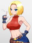  1girl armpits bare_shoulders belt blonde_hair blue_eyes blue_mary breasts crop_top fatal_fury fingerless_gloves gloves highres looking_at_viewer midriff navel short_hair simple_background sleeveless solo the_king_of_fighters white_background yensh 