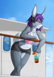  1_eye anthro bikini bikini_top breasts brown_eyes clothed clothing cup detailed_background female fur grey_body grey_fur hair headphones hi_res holding_object lagomorph leporid mammal multicolored_body multicolored_fur nipple_outline nipples open_mouth open_smile partially_clothed purple_hair rabbit saruuk smile solo swimwear teeth two_tone_body two_tone_fur white_body white_fur 