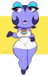  2020 5_fingers absurd_res amphibian animal_crossing anthro clothed clothing digital_media_(artwork) diva_(animal_crossing) eyelashes female fingers frog hi_res lips mehdrawings nintendo open_mouth purple_eyes short_stack signature solo thick_thighs video_games 