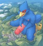  absurd_res anonymous_artist avian beak big_penis bird blue_body bodily_fluids city cloud destruction erection falco_lombardi feathers feet genital_fluids genitals hi_res high-angle_view kneeling looking_down macro mountain nintendo penis precum river sitting star_fox togepi1125 video_games 