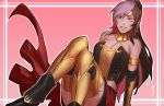 1girl armlet armor bare_shoulders black_gloves breasts brown_eyes brown_hair cleavage commentary cosplay diadem elbow_gloves english_commentary gloves greaves grin heterochromia highres jewelry large_breasts less long_hair looking_at_viewer multicolored_hair neo_politan outline parted_lips pink_background pink_eyes pink_hair ponytail pyrrha_nikos pyrrha_nikos_(cosplay) rwby simple_background smile solo very_long_hair waist_cape white_outline 