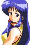  1980s_(style) 1girl blue_eyes blue_hair breasts close-up dirty_pair highres hinomars19 jewelry looking_back medium_breasts oldschool single_earring solo white_background yuri_(dirty_pair) 