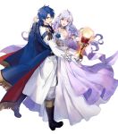  1boy 1girl azutarou bangs black_footwear blue_eyes blue_hair boots cape chalice closed_mouth deirdre_(fire_emblem) dress fire_emblem fire_emblem:_genealogy_of_the_holy_war fire_emblem_heroes floating floating_object full_body gloves glowing highres holding_hand knee_boots lavender_hair long_dress long_hair long_sleeves looking_away official_art pants purple_eyes shiny shiny_hair short_hair sigurd_(fire_emblem) transparent_background white_dress white_gloves 