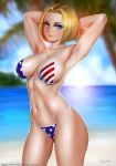  1girl american_flag_bikini armpits bare_shoulders bikini blonde_hair blue_eyes blue_mary breasts closed_mouth easonx fatal_fury flag_print highres large_breasts looking_at_viewer navel short_hair smile snk solo swimsuit the_king_of_fighters 