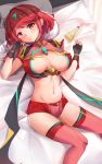  1girl absurdres adapted_costume bangs black_gloves blush breasts breasts_apart center_opening chest_jewel feet_out_of_frame fingerless_gloves gloves heart heart-shaped_pupils highres kiiro_kimi large_breasts looking_at_viewer lotion_bottle midriff navel on_bed pillow pyra_(xenoblade) red_eyes red_hair red_legwear red_shorts short_hair short_shorts shorts smile solo swept_bangs symbol-shaped_pupils thighhighs tiara xenoblade_chronicles_(series) xenoblade_chronicles_2 