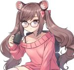  1girl animal_ears brown_hair commentary cup glasses holding holding_cup korean_commentary kuro_(kuronell) mouse_ears off-shoulder_sweater off_shoulder original pink_sweater pointy_ears sitting skindentation solo sweater thighhighs twintails virtual_youtuber white_background 