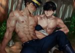  2boys abs bara black_hair bolt_action character_request chest cowboy_shot facial_hair facial_scar goatee golden_kamuy gun hat imperial_japanese_army kzhma male_focus male_pubic_hair manly military_hat multiple_boys muscle navel nipples pectorals pubic_hair rifle scar shirtless short_hair sugimoto_saichi weapon 