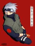  1boy absurdres artist_name black_eyes book character_name fingerless_gloves forehead_protector gloves hatake_kakashi highres holding holding_book hymenopuscoronatus long_sleeves looking_at_viewer male_focus mask naruto naruto_(series) pants pouch red_background shadow simple_background sleeves_rolled_up solo spiked_hair thigh_pouch twitter_username vest watermark white_hair 
