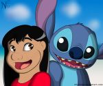  2017 alien alternate_version_at_source black_eyes black_hair blue_body blue_fur blue_nose brown_eyes clothing disney dress duo experiment_(lilo_and_stitch) eyebrows female fur hair head_tuft human lilo_and_stitch lilo_pelekai male mammal nitefang open_mouth open_smile purple_inner_ear sharp_teeth signature smile stitch_(lilo_and_stitch) tan_body tan_skin teeth tongue tuft 