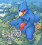  absurd_res anonymous_artist anthro avian beak bird blue_body bulge city clothing cloud destruction falco_lombardi feathers feet hi_res high-angle_view kneeling looking_down macro male mountain nintendo river sitting speedo star_fox swimwear togepi1125 video_games 