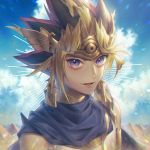  1boy atem commentary earrings egyptian_clothes headdress jewelry looking_at_viewer multicolored_hair open_mouth purple_eyes smile solo wenz yuu-gi-ou 
