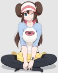  1girl ;) absurdres black_legwear blue_eyes blush bow breasts brown_hair closed_mouth double_bun feet hair_bun highres large_breasts legwear_under_shorts low_twintails mogtate no_shoes one_eye_closed pantyhose pink_bow pokemon pokemon_(game) pokemon_bw2 rosa_(pokemon) shirt shorts smile solo twintails visor_cap watch yellow_shorts 