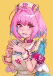  1girl apron blush choker distress fang hands_together hankuri idolmaster idolmaster_cinderella_girls looking_at_viewer open_mouth pink_choker pink_eyes pink_hair short_hair solo yellow_background yumemi_riamu 