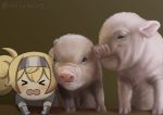  &gt;_&lt; 1girl animal bangs blonde_hair blush brown_background commentary_request gambier_bay_(kantai_collection) gloves hairband kantai_collection long_hair misumi_(niku-kyu) open_mouth partial_commentary pig piglet pun realistic short_sleeves simple_background twintails twitter_username 