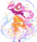  1girl ahoge bangs bare_shoulders blush bug butterfly closed_eyes detached_collar dress ethlyn_(fire_emblem) eyebrows_visible_through_hair fire_emblem fire_emblem:_genealogy_of_the_holy_war fire_emblem_heroes full_body highres holding insect kaya8 long_dress long_hair official_art open_mouth outstretched_arms pink_hair purple_footwear shiny shiny_hair sidelocks smile solo spread_arms strapless strapless_dress tied_hair transparent_background white_legwear 