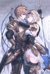  1boy 1girl armor bare_shoulders blonde_hair brown_hair chrysaor_(granblue_fantasy) djeeta_(granblue_fantasy) gauntlets gran_(granblue_fantasy) granblue_fantasy hairband hand_on_hip highres milli_little rapier short_hair skirt sword weapon 