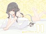  1girl adagaki_aki bangs bare_arms bare_shoulders barefoot bed_sheet black_hair collarbone dress eyebrows_visible_through_hair frilled_dress frills hair_ornament hair_ribbon leg_up long_hair lying masamune-kun_no_revenge on_stomach open_mouth outstretched_arms pillow ribbon sleeveless sleeveless_dress solo tiv triangle_mouth twintails v-shaped_eyebrows v_arms white_ribbon yellow_dress 
