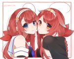  1girl ahoge blue_eyes braid brown_eyes cheek-to-cheek commentary_request dual_persona hair_flaps hair_ribbon hairband kantai_collection kawakaze_(kantai_collection) kozu_(bloomme1_me) long_hair low_twintails red_hair remodel_(kantai_collection) ribbon twintails twitter_username very_long_hair 