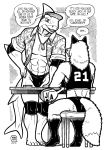  2016 abs absurd_res anthro black_clothing black_text bulge butt canid canine card clothing duo fish fox furniture hand_on_hip hi_res male mammal marine megawolf77 monochrome muscular pose shark sitting table teeth text tongue topwear 