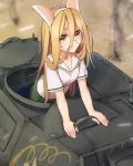  1girl blonde_hair breasts brown_eyes cat_hair_ornament girls_und_panzer glasses ground_vehicle hair_between_eyes hair_ornament long_hair military military_vehicle motor_vehicle nekonyaa_(girls_und_panzer) ooarai_school_uniform rotix school_uniform smoke solo tank type_3_chi-nu 