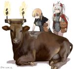  2girls animal azur_lane bangs blonde_hair breasts cow crossover eyebrows_visible_through_hair fire headgear highres holding iron_cross kantai_collection large_breasts long_hair long_sleeves misumi_(niku-kyu) multiple_girls pottery prinz_eugen_(azur_lane) prinz_eugen_(kantai_collection) shadow short_sleeves silver_hair simple_background smile twintails white_background 